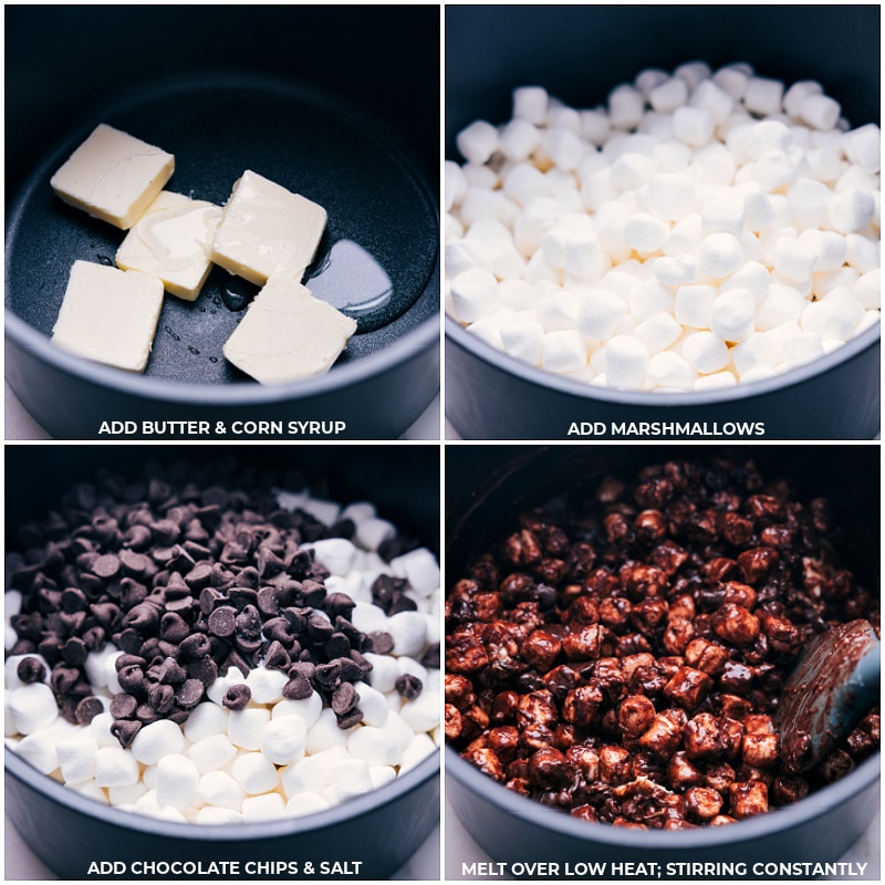 Muddy Buddy Bars are a fun and exciting twist on the classic snack mix that we all know and love. Instead of a bagged snack mix, you're getting it in bar form! This recipe starts with crispy Chex cereal, which is coated in a delicious blend of creamy, chocolatey, and peanut buttery goodness. Recipe via chelseasmessyapron #dessert #best #quick #easy #simple #treat #snack #nobake #muddybuddy #bars Process shots of Muddy Buddy Bars-- images of the butter, corn syrup, marshmallows, chocolate chips, and salt being added to a pot