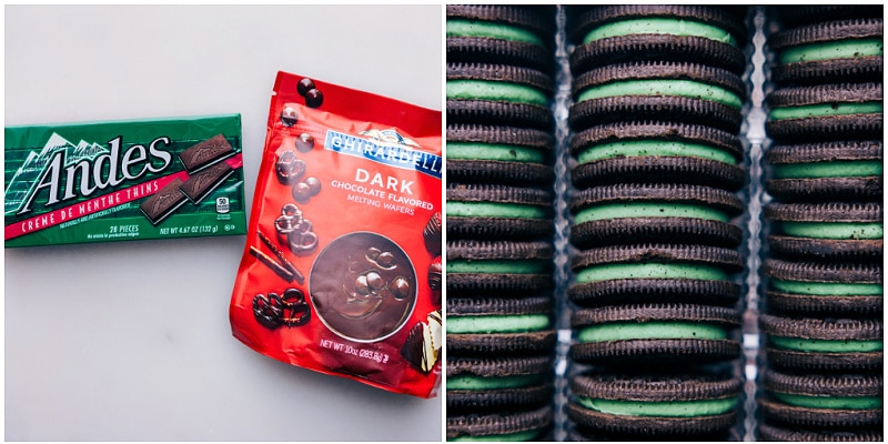 Decadent and irresistibly delicious Mint Oreo Truffles made with just three main ingredients and no baking required! And if you're a fan of Andes mints, you won't want to sleep on the optional garnish of chopped mints on top! Recipe via chelseasmessyapron #dessert #best #quick #easy #simple #treat #chocolate #stpatricksday #mint #oreotruffles Ingredient shot-- image of the chocolate and Oreos used in this recipe