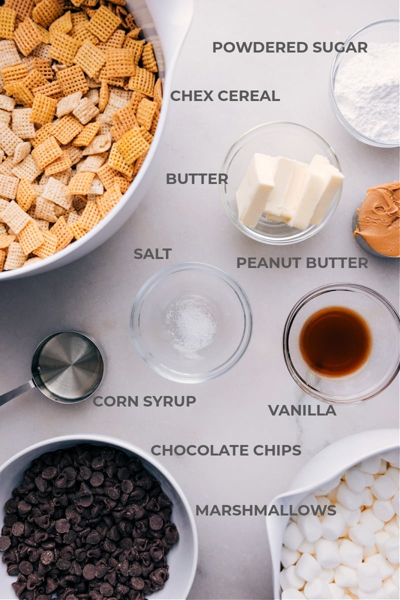 Muddy Buddy Bars are a fun and exciting twist on the classic snack mix that we all know and love. This recipe starts with crispy Chex cereal, which is coated in a delicious blend of creamy, chocolatey, and peanut buttery goodness. The best part? These bars are incredibly simple to make and require no baking. Recipe via chelseasmessyapron #dessert #best #quick #easy #simple #treat #snack #nobake #muddybuddy #bars Ingredient shot-- image of all the ingredients used in this recipe