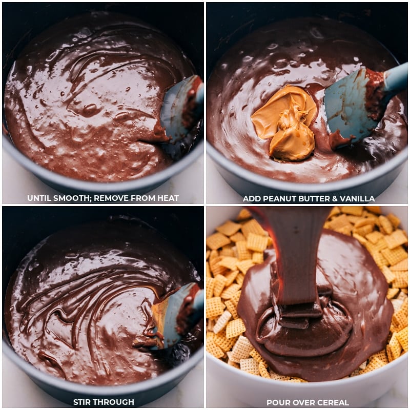 Muddy Buddy Bars are a fun and exciting twist on the classic snack mix that we all know and love. Recipe via chelseasmessyapron #dessert #best #quick #easy #simple #treat #snack #nobake #muddybuddy #bars Process shots-- images of the chocolate peanut butter mixture being combined with the cereal