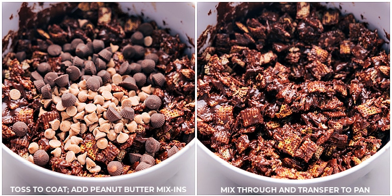 Muddy Buddy Bars are a fun and exciting twist on the classic snack mix that we all know and love. Instead of a bagged snack mix, you're getting it in bar form! This recipe starts with crispy Chex cereal, which is coated in a delicious blend of creamy, chocolatey, and peanut buttery goodness. These bars are incredibly simple to make and require no baking. Recipe via chelseasmessyapron #dessert #best #quick #easy #simple #treat #snack #nobake #muddybuddy #bars Process shots of Muddy Buddy Bars-- images of the mix-ins being added and it all being tossed together