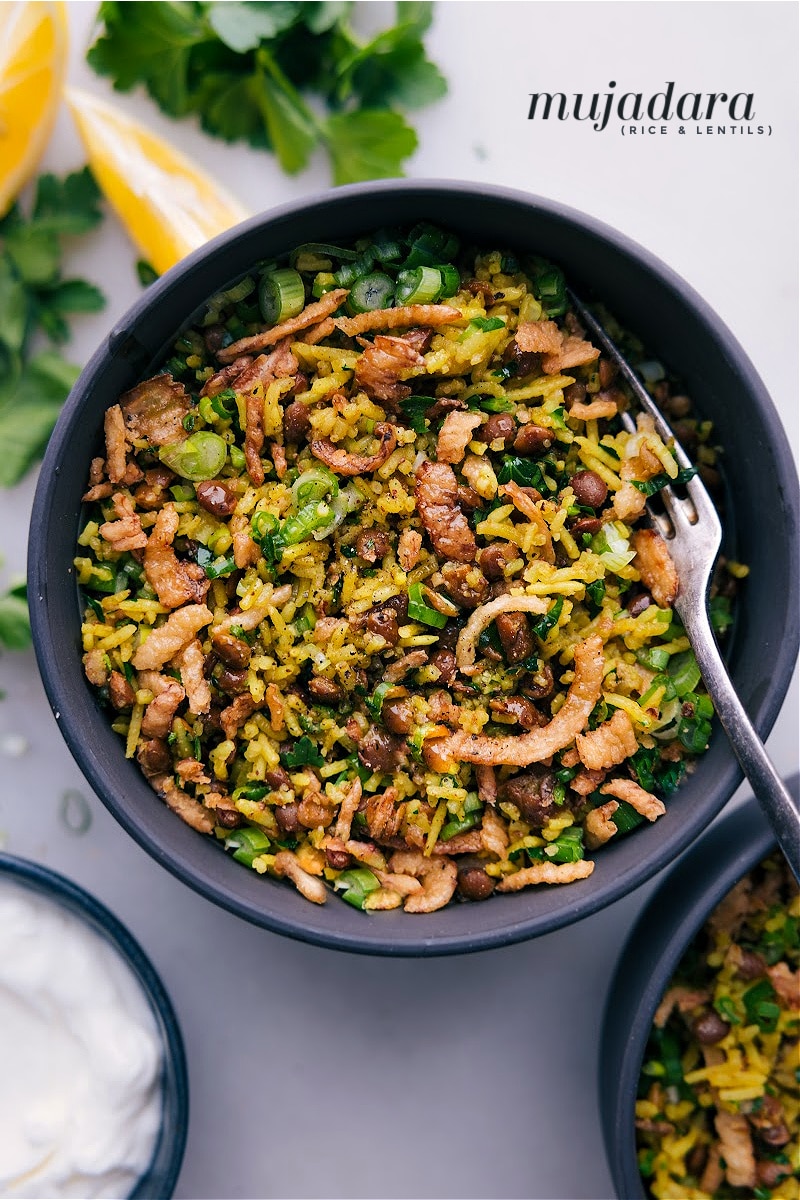 Mujadara, also known as Mejadra, is a popular Middle Eastern dish made with rice, lentils, and caramelized onions. The rice and lentils are cooked together with fragrant spices, giving the dish a warm and comforting flavor. The onions on top add a sweet and savory crunch to the dish. Mejadra is often served as a main vegetarian course or as a side dish with yogurt and/or a fresh salad. Recipe via chelseasmessyapron #dinner #quick #easy #simple #familyfriendly #kidfriendly #comfortfood #riceandlentils #israeli #mujadara Overhead image of Mujadara