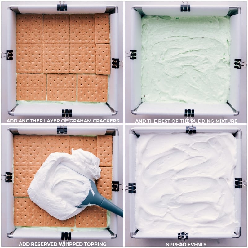 This delicious Pistachio Icebox Cake is made with layers of graham crackers and fluffy pistachio pudding, topped with whipped cream and crunchy pistachios, creating a perfect balance of sweet and nutty flavors with a creamy and smooth texture. This is an icebox cake, which means it's chilled in the refrigerator overnight, making it a convenient make-ahead dessert option. Recipe via chelseasmessyapron #dessert #best #quick #easy #simple #stpatricksday #treat #nobake #pistachio #icebox #cake Process shots-- images of the rest of the layers being layered in