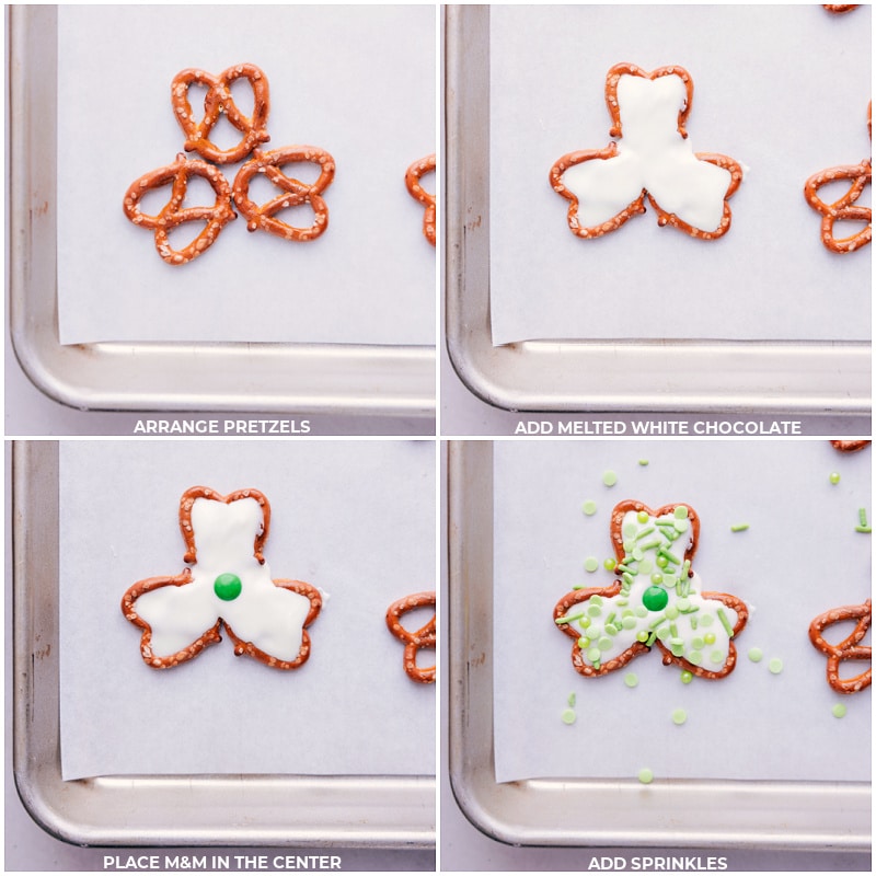 Pretzel Shamrocks -- perfect for St. Patrick's Day! These shamrocks double as both a sweet treat and cute table decor. Whether you're looking for a fun activity to do with the kids or a last-minute party snack, these Pretzel Shamrocks are the perfect thing to make! Recipe via chelseasmessyapron #dessert #best #quick #easy #simple #familyfriendly #stpatricksdays #stpatricks #pretzel #shamrocks Process shots-- images of the pretzels being arranged and melted chocolate being poured in the center with sprinkles