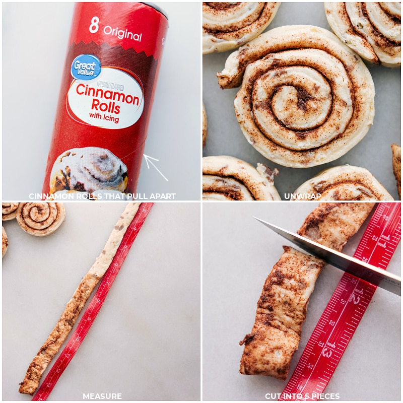 What better way to celebrate St. Patrick's Day than with some delicious Shamrock Cinnamon Rolls? These adorable treats are not only festive and fun, but they're also incredibly easy to make. With just a can of refrigerated cinnamon rolls and some green food coloring, you can transform a classic breakfast pastry into a holiday masterpiece that kids and adults alike will love! Recipe via ChelseasMessyApron.com #cinnamonrolls #breakfast #shamrock #Stpatricksday #holiday #treat Process shots: Using pull-apart packaged cinnamon rolls; unwrap each roll; measure and cut each dough spiral into five pieces.