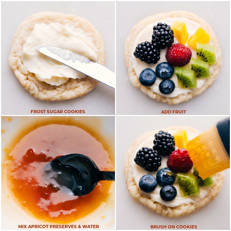 These Sugar Cookie Fruit Pizzas begin with soft, buttery sugar cookies that are topped with a velvety smooth and creamy frosting. The frosting has just the right amount of sweetness, with a hint of tanginess from the cream cheese. Recipe via chelseasmessyapron #dessert #best #quick #easy #simple #fruity #sweettreat #sugarcookie #fruitpizzas Process shots of Sugar Cookie Fruit Pizzas- images of the sugar cookies being frosted and the fruit being added on top