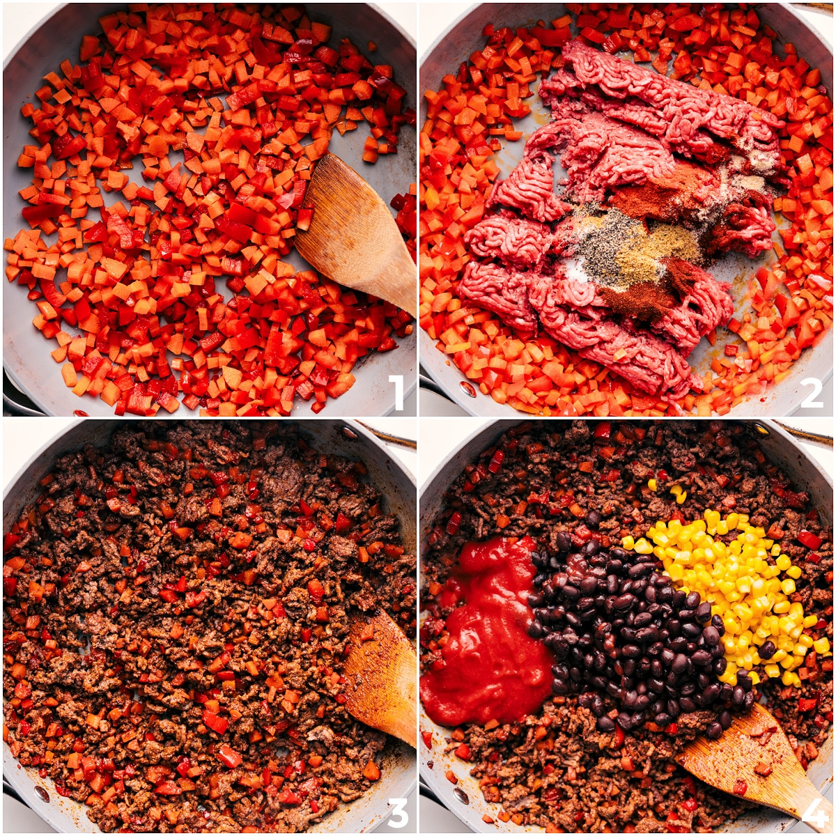 How To Make These Turkey Lettuce Wraps The veggies being sautรฉed and turkey browned with seasonings, then tomato sauce, black beans, and corn added for these turkey lettuce wraps.