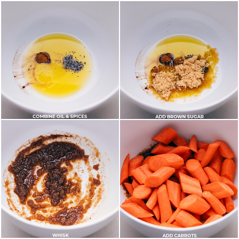 Best Roasted Carrot Salad All the spices being combined in bowl and the veggies being added to it to combine everything.