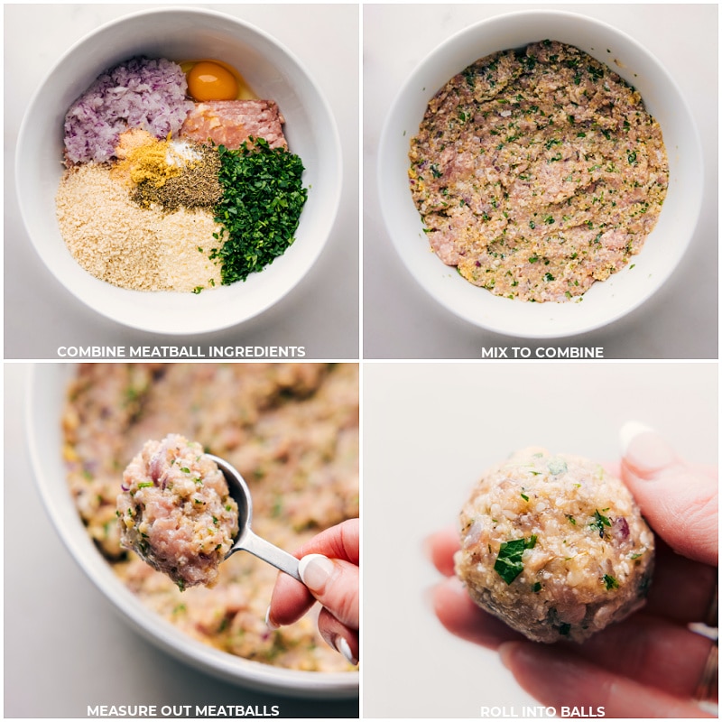 Chicken Meatballs are a tasty and nutritious alternative to traditional beef and pork meatballs. Packed with flavor and easy to make, they're the perfect weeknight dinner option. Serve them with our favorite pesto pasta for a delicious and satisfying meal that will become a new family favorite! Recipe via chelseasmesssyapron #dinner #quick #easy #simple #familyfriendly #cleaneating #protein #chicken #meatballs Process shots of Chicken Meatballs -- images of all the meatball ingredients being combined and then the meatballs being rolled out