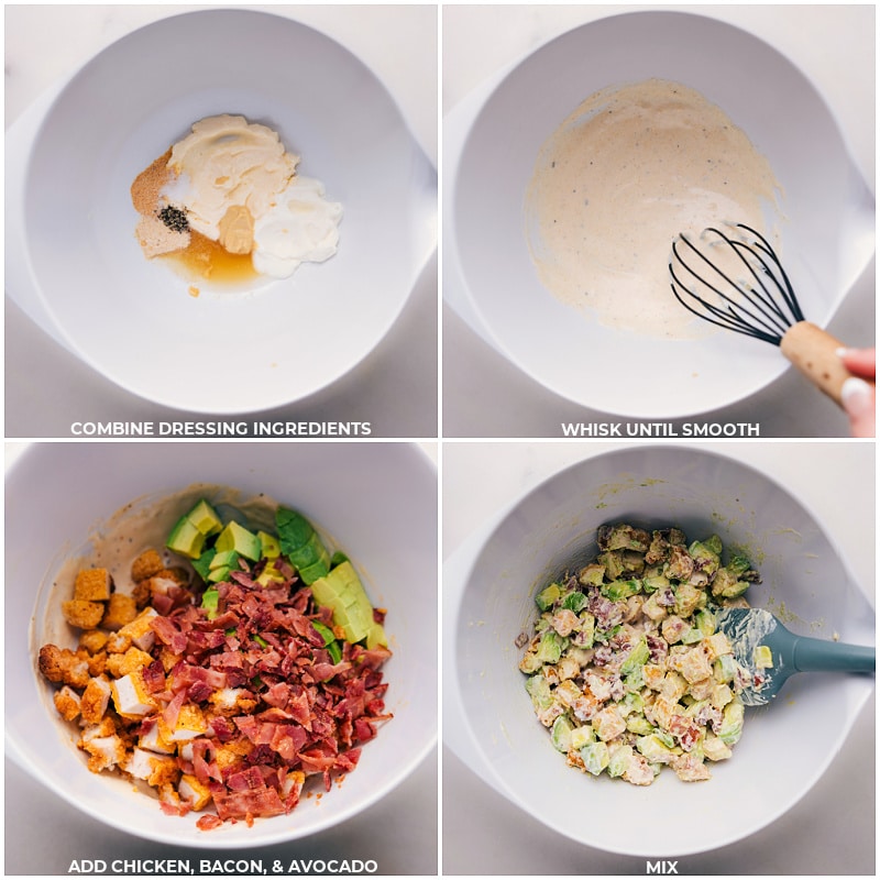 These Chicken Bacon Avocado Wraps are the perfect quick and easy meal that is packed with flavor! With tender chicken, crispy bacon, creamy avocado, and a completely irresistible sauce, these wraps are incredible! Recipe via chelseasmessyapron #dinner #lunch #quick #easy #simple #familyfriendly #kidfriendly #healthy #wholefoods #lunch #chicken #bacon #avocado #tortillawraps #wraps #lunchwraps Process shots of Chicken Bacon Avocado Wraps-- images of the dressing being whisked together and all the ingredients being added