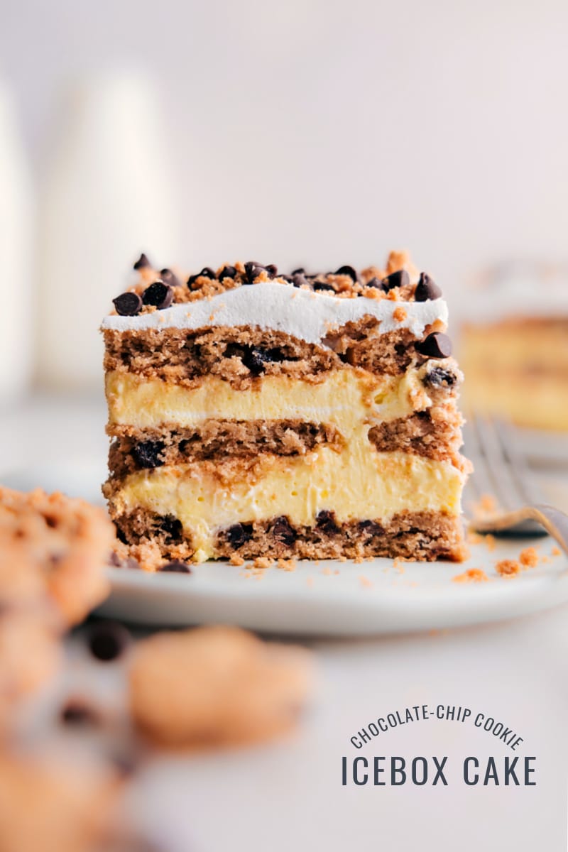 Looking for an impressive dessert that won't take hours in the kitchen? Then, you've got to try this Chocolate Chip Cookie Icebox Cake! With only four ingredients, you can create a rich, creamy, and truly decadent dessert that will leave everyone wanting more! Recipe via chelseasmessyapron #dessert #best #quick #easy #simple #familyfriendly #kidfriendly #chocolatechip #cookie #iceboxcake Image of the Chocolate-Chip Cookie Icebox cake slice on a plate