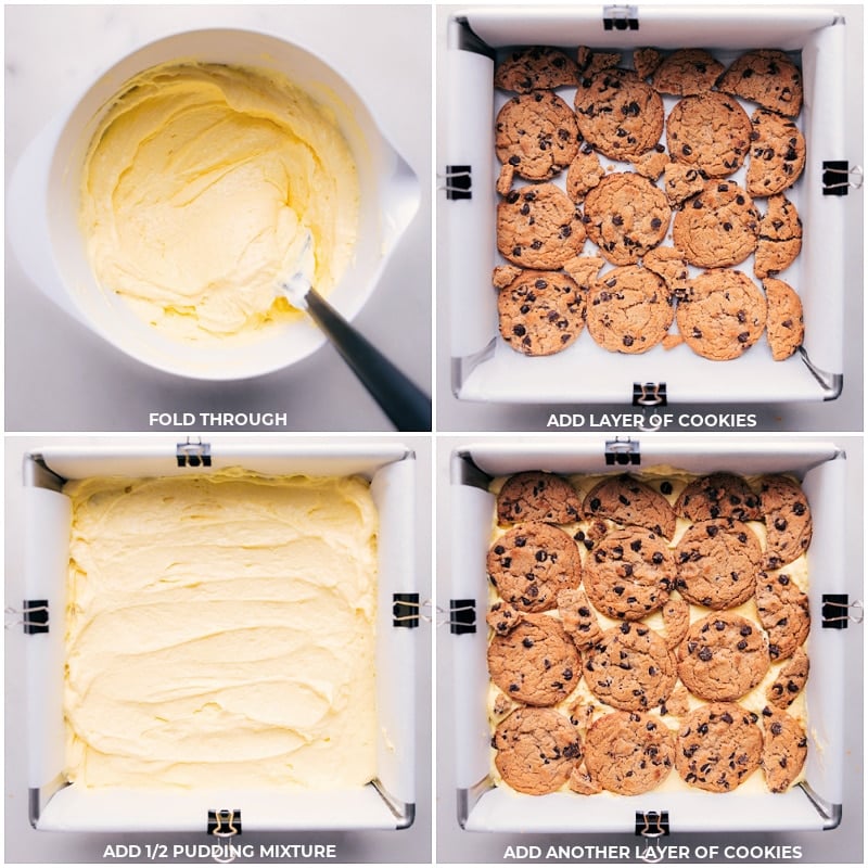 You've got to try this Chocolate Chip Cookie Icebox Cake! With only four ingredients, you can create a rich, creamy, and truly decadent dessert that will leave everyone wanting more! Recipe via chelseasmessyapron #dessert #best #quick #easy #simple #familyfriendly #kidfriendly #chocolatechip #cookie #iceboxcake Process shots of Chocolate Chip Icebox Cake-- images of the pudding mix and cookies being layered in