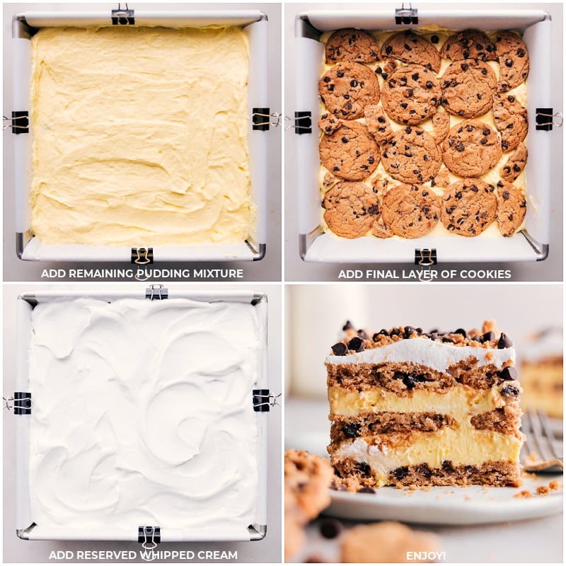 Chocolate Chip Cookie Icebox Cake! With only four ingredients, you can create a rich, creamy, and truly decadent dessert that will leave everyone wanting more! Recipe via chelseasmessyapron #dessert #best #quick #easy #simple #familyfriendly #kidfriendly #chocolatechip #cookie #iceboxcake Process shots-- images of the rest of the layers being layered in