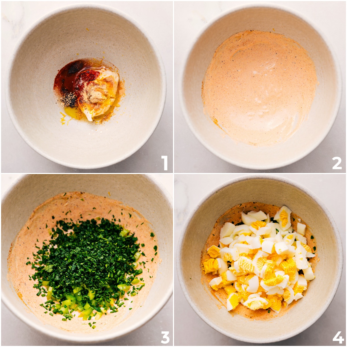 How To Make Egg Salad Mix the creamy sauce, then add the herbs and chopped eggs for the egg salad.