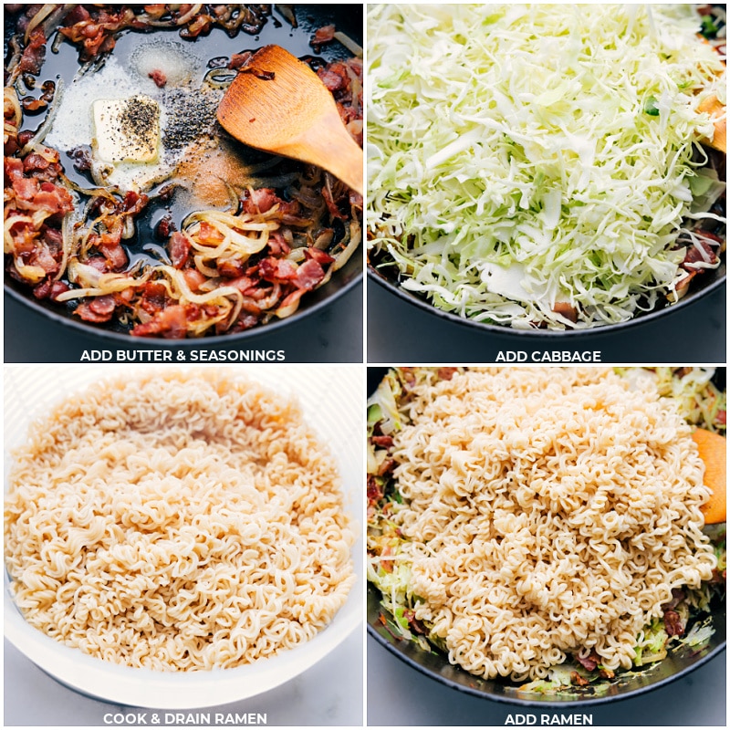 If you're looking for a new and delicious way to jazz up your ramen noodles, then you're in for a treat with this Fried Cabbage Ramen recipe! Recipe via chelseasmessyapron #dinner #quick #easy #simple #noodles #asian #stirfry #fried #cabbage #ramen Process shots of Fried Cabbage Ramen-- images of the cabbage being added along with the cooked ramen