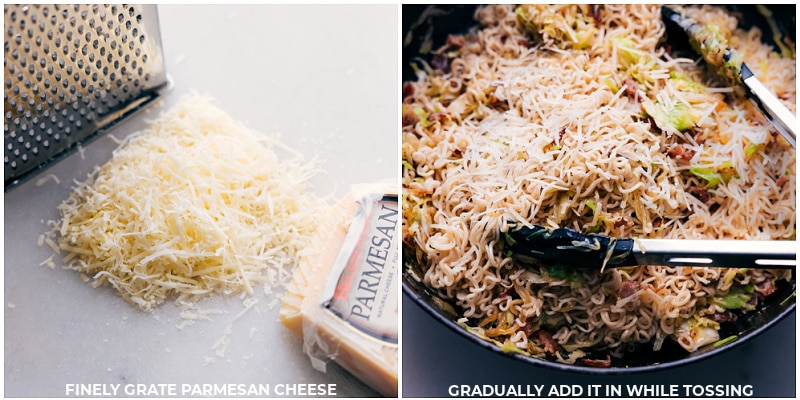 Fried Cabbage Ramen recipe! With the addition of smoky bacon, savory onions, and salty parmesan cheese, these noodles are bursting with flavor. This jazzed-up ramen will quickly become a new favorite in your recipe collection! Recipe via chelseasmessyapron #dinner #quick #easy #simple #noodles #asian #stirfry #fried #cabbage #ramen Process shots-- images of the cheese being added while tossing