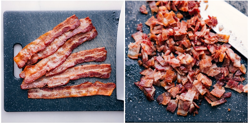 Bacon is one of the most beloved foods of all time. Itโs crispy, savory, and deliciously salty, and can be served in a variety of ways. While most people fry their bacon on the stove, baking it is actually a great alternative that yields perfect results every time. Recipe via chelseasmessyapron #sidedish #breakfast #best #quick #easy #simple #brunch #onepan #howtobake #bacon Process shots-- images of the bacon being chopped