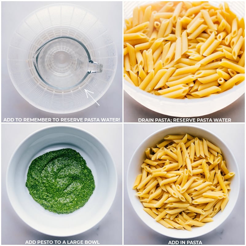 If you're a fan of pasta and love the bright, fresh flavors of basil pesto, you're going to be obsessed with this Pesto Pasta! Recipe via chelseasmessyapron #dinner #quick #easy #simple #familyfriendly #kidfriendly #20minutedinner #pesto #pasta Process shots of Pesto Pasta-- images of the pesto being drained and then the pesto being added to a bowl along with the pasta