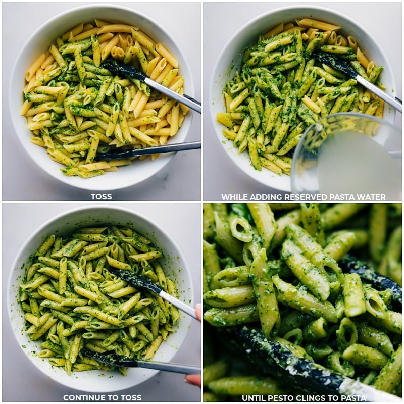 You're going to be obsessed with this Pesto Pasta! Not only is it incredibly delicious, but it's also surprisingly easy to make. With just a few simple ingredients and less than 20 minutes, you can have a restaurant-quality pasta dish on your table! Recipe via chelseasmessyapron #dinner #quick #easy #simple #familyfriendly #kidfriendly #20minutedinner #pesto #pasta Process shots-- images of the dish being tossed together with pasta water