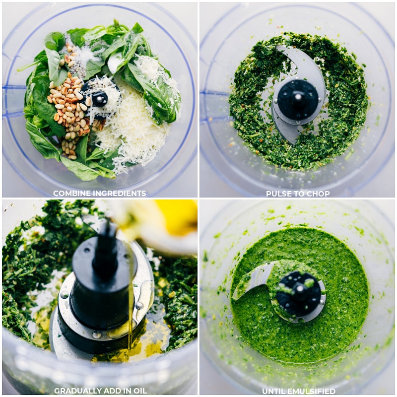 A great Pesto Recipe can transform any dish into a culinary masterpiece, and I'm excited to share with you my take on the classic recipe. Recipe via chelseasmessyapron #sauce #best #quick #easy #simple #healthy #wholefoods #pesto #recipe Process shots of Pesto Recipe-- images of all the ingredients being combined in a food processor and it all being pulsed together