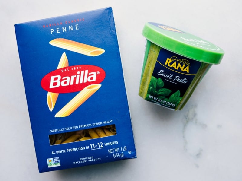 If you're a fan of pasta and love the bright, fresh flavors of basil pesto, you're going to be obsessed with this Pesto Pasta! With just a few simple ingredients and less than 20 minutes, you can have a restaurant-quality pasta dish on your table! Recipe via chelseasmessyapron #dinner #quick #easy #simple #familyfriendly #kidfriendly #20minutedinner #pesto #pasta Ingredient shot-- image of the two ingredients used in this dish
