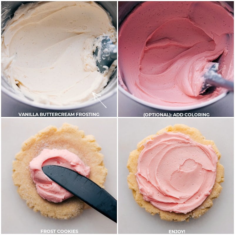 These homemade Swig Sugar Cookies are a delightful twist on traditional sugar cookies. Recipe via chelseasmessyapron #dessert #best #quick #easy #simple #treat #swig #sugarcookies Process shots of Swig Sugar Cookies-- images of the vanilla buttercream being made and dyed pink