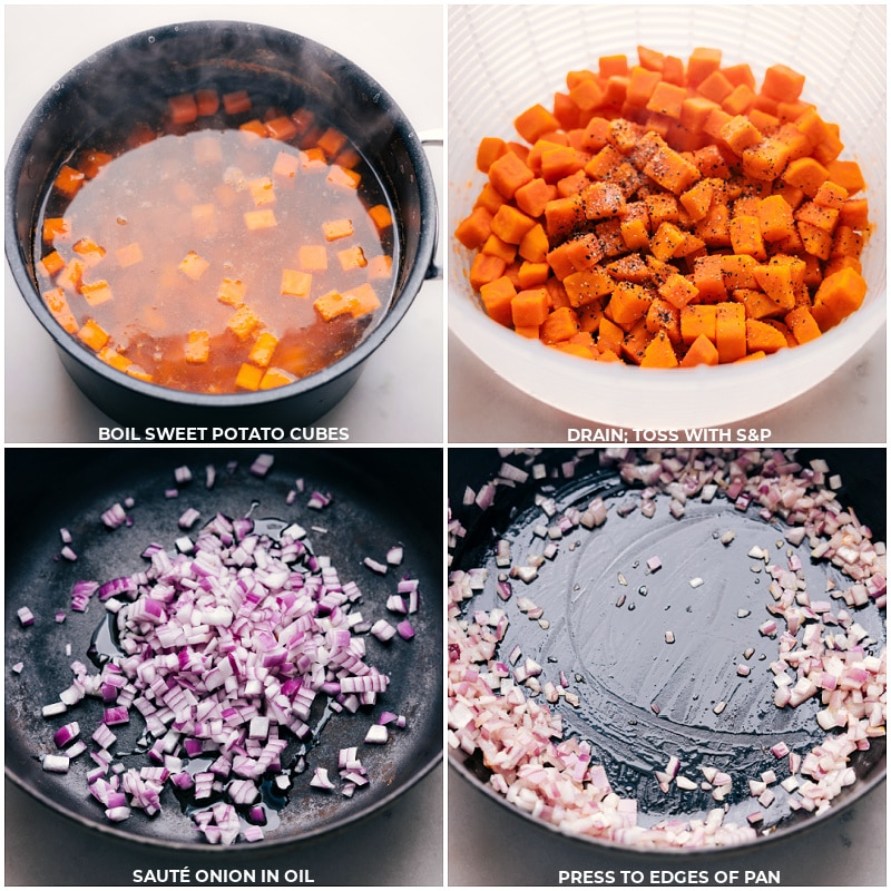 Taco Sweet Potato Foil Packets! Cooked to perfection either in the oven or on the grill, this delicious and wholesome meal is perfect for busy weeknights or relaxed weekends. Recipe via chelseasmessyapron #dinner #quick #easy #simple #familyfriendly #kidfriendly #healthy #lowcarb taco #sweetpotato #foilpackets Process shots of Taco Sweet Potato Foil Packets-- images of the sweet potato cubes being boiled and then the onions being sautรฉed