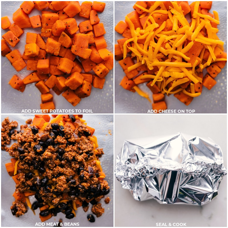 Sweet potatoes and taco-seasoned meat in these easy-to-prepare Taco Sweet Potato Foil Packets. Cooked to perfection either in the oven or on the grill, this delicious and wholesome meal is perfect for busy weeknights or relaxed weekends. Recipe via chelseasmessyapron #dinner #quick #easy #simple #familyfriendly #kidfriendly #healthy #lowcarb taco #sweetpotato #foilpackets Foil packs being layered in and sealed.