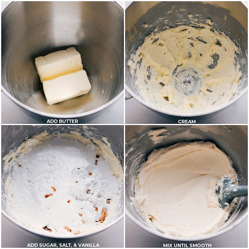 This Vanilla Frosting Recipe is a great, versatile recipe that can be used for all kinds of desserts from cakes and cupcakes to cookies and more. Recipe via chelseasmessyapron #dessert #best #quick #easy #simple #familyfriendly #treat #dip #cupcake #cake #vanilla #frosting #vanillafrosting Butter, sugar, salt, and vanilla all being creamed together.