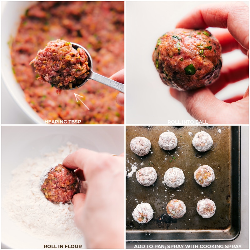 These Beef Kofta Meatballs are packed with a bold blend of Middle Eastern spices that result in a robust and flavorful profile. These meatballs have a nice tender interior with a beautiful charred exterior. Recipe via chelseasmessyapron #dinner #quick #easy #simple #familyfriendly #kidfriendly #beef #kofta #meatballs Process shots of Beef Kofta Meatballs-- images of the meatballs being rolled out, then rolled in flour and baked