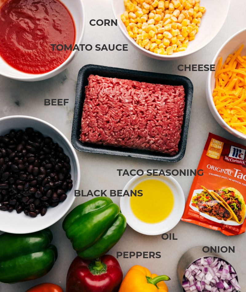 Elevate your nacho game with these vibrant and nutritious Bell Pepper Nachos, featuring seasoned ground beef atop crisp bell pepper wedges, and smothered in melted cheddar cheese. Recipe via chelseasmessyapron #dinner #quick #easy #simple #familyfriendly #kidfriendly #comfortfood #lowcarb #keto #lowcarbrecipe #bellpepper #nachos Ingredient shot-- image of all the ingredients used in this dish