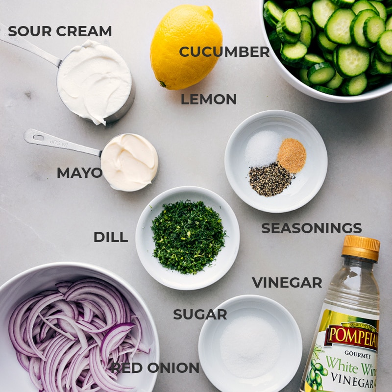 The Best Creamy Cucumber Salad All the ingredients in this recipe prepped out for easy assembly.