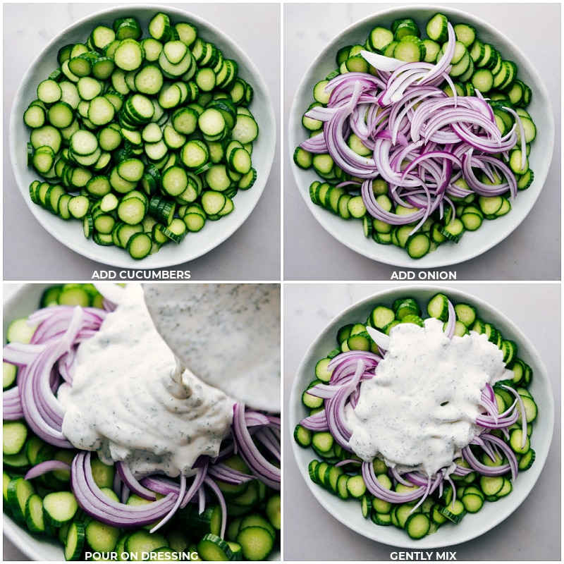 Easy Creamy Cucumber Salad Recipe Add cucumbers and onion to a large bowl; pour on dressing and gently mix.