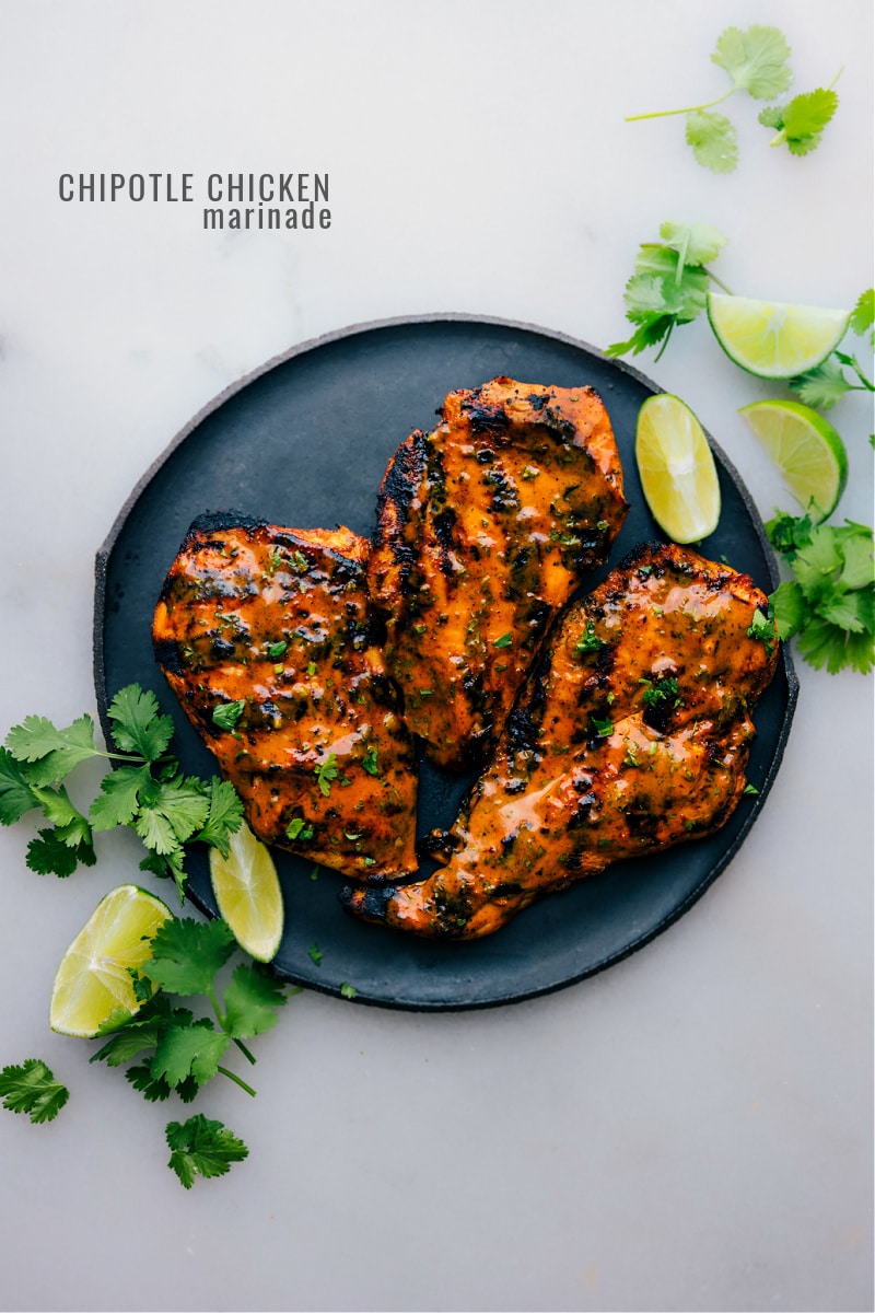 This Chipotle Chicken Marinade is unbeatable! It delivers perfectly seasoned chicken with just the right amount of spice. Gorgeously charred exterior and juicy interior -- you'll want to make this chicken over and over again. Recipe via chelseasmessyapron #dinner #quick #easy #simple #familyfriendly #kidfriendly #lowcarb #best #chipotle #chicken #marinade Overhead image of the Chipotle Chicken Marinade