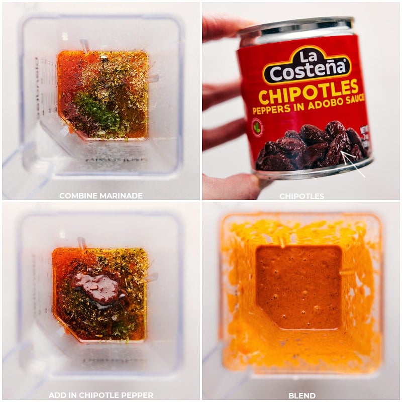 Chipotle Chicken Marinade! It delivers perfectly seasoned chicken with just the right amount of spice. Gorgeously charred exterior and juicy interior -- you'll want to make this chicken over and over again. Recipe via chelseasmessyapron #dinner #quick #easy #simple #familyfriendly #kidfriendly #lowcarb #best #chipotle #chicken #marinade Process shots of Chipotle Chicken Marinade-- images of all the marinade ingredients being added to a blender and it all being blended together