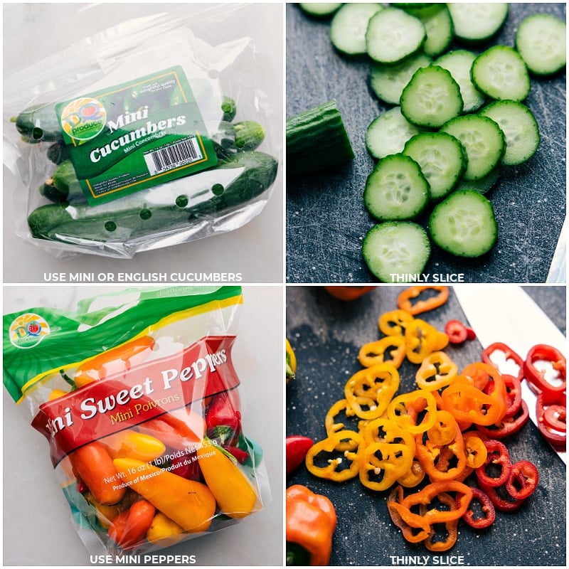 Fresh Veggies Being Chopped For Cucumber Pepper Salad Cucumbers and peppers being chopped to add to the dish.