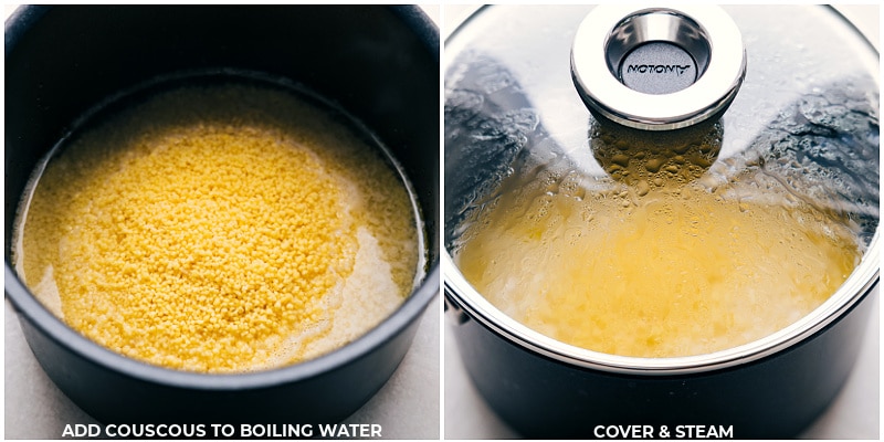 These delicious Greek Meatball Bowls make for a satisfying meal! Featuring juicy meatballs seasoned with a blend of spices and herbs, paired with refreshing cucumber and tomato salad, fluffy couscous, and a zesty lemon-herb sauce, this meal is bursting with flavor and so much texture in every single bite. Whether you're cooking for your family, meal prepping for the week, or hosting a dinner party, these Greek Meatball Bowls are sure to impress. Recipe via chelseasmessyapron #dinner #quick #easy #simple #familyfriendly #comfortfood #healthy #cleaneating #lunch #greek #meatballs #bowls #greekmeatballs Image of the couscous being made