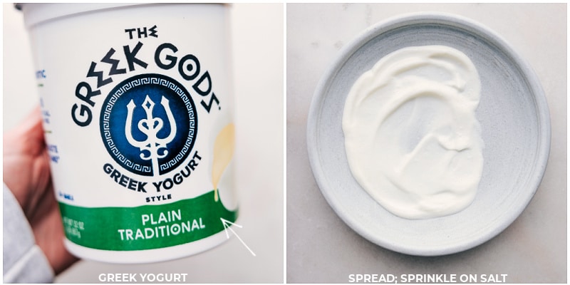 These Greek Meatball Bowls make for a delicious and satisfying meal! Recipe via chelseasmessyapron #dinner #quick #easy #simple #familyfriendly #comfortfood #healthy #cleaneating #lunch #greek #meatballs #bowls #greekmeatballs Process shots of Greek Meatball Bowls-- images of the Greek yogurt being layered on a plate with fresh sea salt