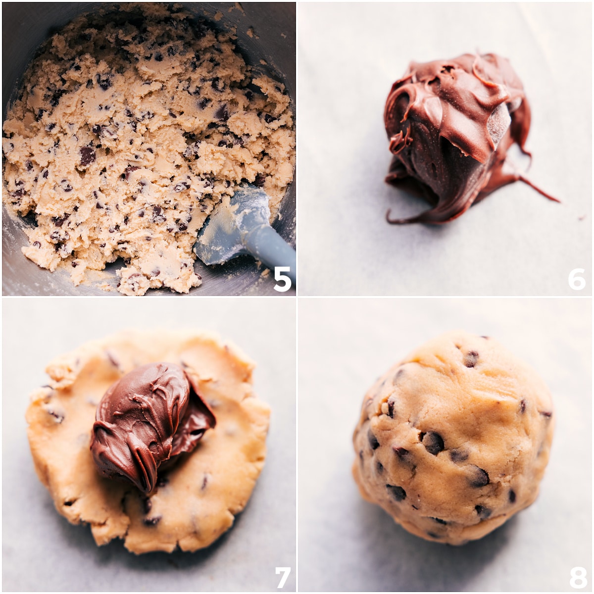 How To Make Nutella Stuffed Chocolate Chip Cookies Chilled cookie dough flattened with a frozen scoop of Nutella in the center, then rolled into a ball and ready to bake.