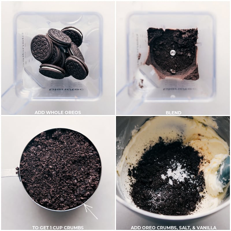 The best Oreo Frosting ever! It's a sweet and creamy dream come true, packed with buttery goodness and iconic Oreo cookie crumbs. Super easy to whip up, it'll turn your cakes and cupcakes into a hit. Give it a go, and watch as everyone comes back for seconds! Recipe via chelseasmessyapron #dessert #best #quick #easy #simple #treat #birthday #cupcakes #cake #oreofrosting #frosting The Oreos being blended and added into the mix along with salt and vanilla.