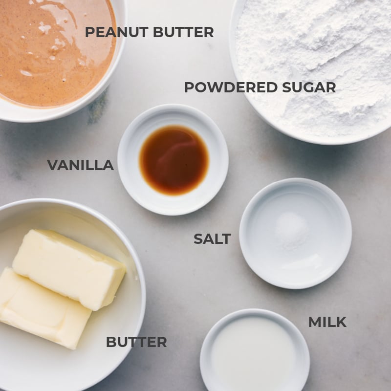 This Peanut Butter Frosting is the absolute best! Recipe via chelseasmessyapron #dessert #best #quick #easy #simple #treat #cupcakes #peanutbutter #frosting Image of all the ingredients used in this recipe