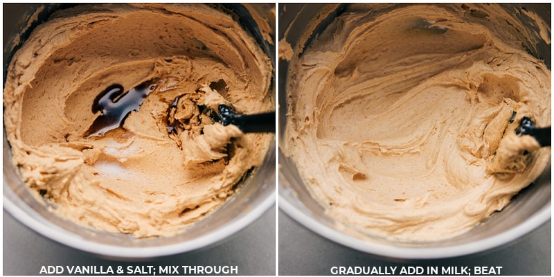 This incredible Peanut Butter Frosting is the absolute best - indulgently creamy, irresistibly delicious, and bursting with a well-balanced, rich peanut butter flavor. Recipe via chelseasmessyapron #dessert #best #quick #easy #simple #treat #cupcakes #peanutbutter #frosting Process shots-- images of the vanilla, salt, and milk being beaten in