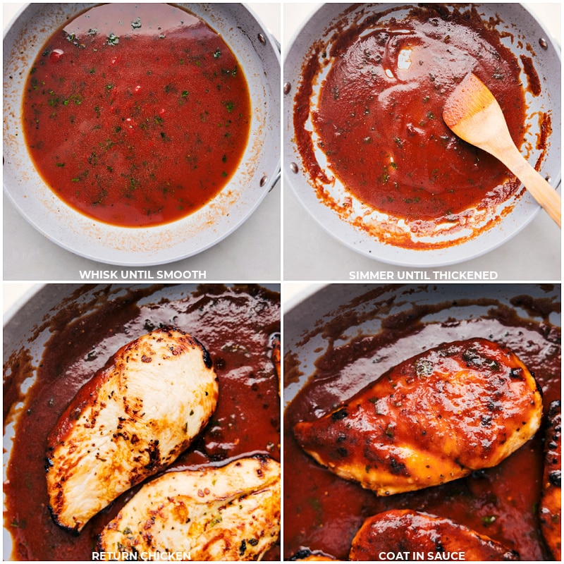 Nutritious and delicious Tomato-Basil Chicken! Marinated chicken simmered with a flavorful sauce proves that simple things can be just as delicious as the fancy meals! Recipe via chelseasmessyapron #dinner #quick #easy #familyfriendly #kidfriendly #lowcarb #healthy #mealprep #tomatobasil #chicken Process shots of Tomato Basil Chicken-- images of the tomato basil sauce being simmered and the chicken being added in