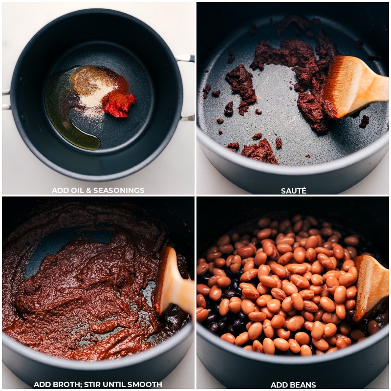 These are sure to be a hit with everyone at the table, from dedicated carnivores to veggie lovers! Perfect for any occasion, this easy-to-make recipe is loaded with flavorful seasoned beans, melty cheese, and fresh nacho toppings! Recipe via chelseasmessyapron #dinner #quick #easy #simple #familyfriendly #kidfriendly #comfortfood #nomeat #beans #chips #vegetarian #nachos Process shots of Vegetarian Nachos-- images of the seasonings being sautรฉed then the broth and beans being added to a pot