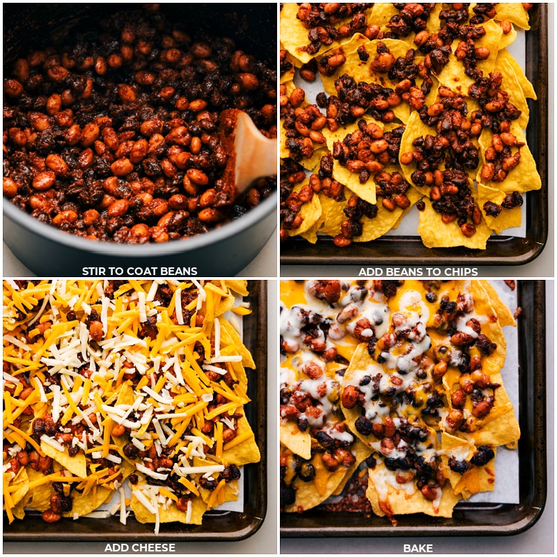 The absolute best Vegetarian Nachos I've ever had! These are sure to be a hit with everyone at the table, from dedicated carnivores to veggie lovers! Recipe via chelseasmessyapron #dinner #quick #easy #simple #familyfriendly #kidfriendly #comfortfood #nomeat #beans #chips #vegetarian #nachos Process shots-- images of the beans layer being added then cheese being sprinkled over everything and it all being baked