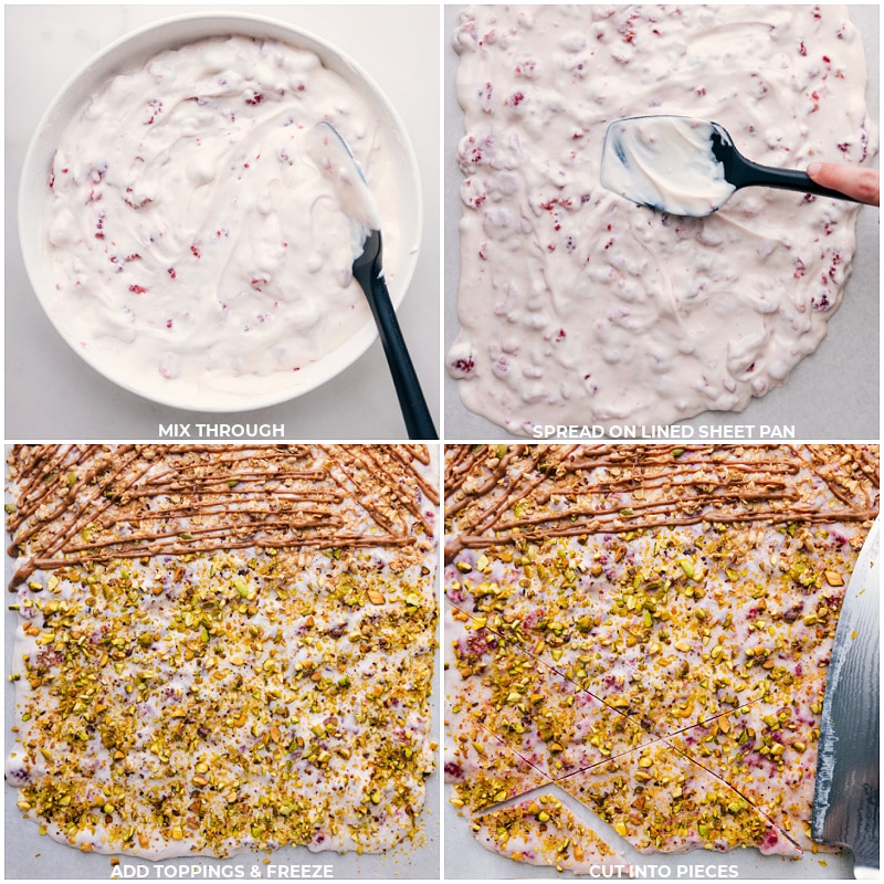 Our Yogurt Bark features a creamy Greek yogurt and raspberry base, adorned with a medley of your favorite crunchy toppings. It's almost unbelievable that a snack this delicious can also be quite good-for-you! Recipe via chelseasmessyapron #snack #quick #easy #simple #healthy #toddlerfriendly #kidsnack #treat #yogurt #bark Process shots of Yogurt Bark-- image of the yogurt being spread out on a sheet pan and toppings being applied and it all being frozen