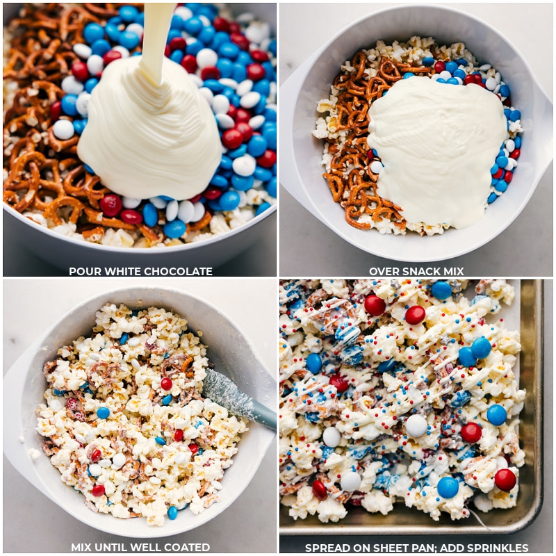How To Make 4th Of July Popcorn White chocolate being poured into the bowl with the other ingredients and it all being mixed together for this 4th of July popcorn.