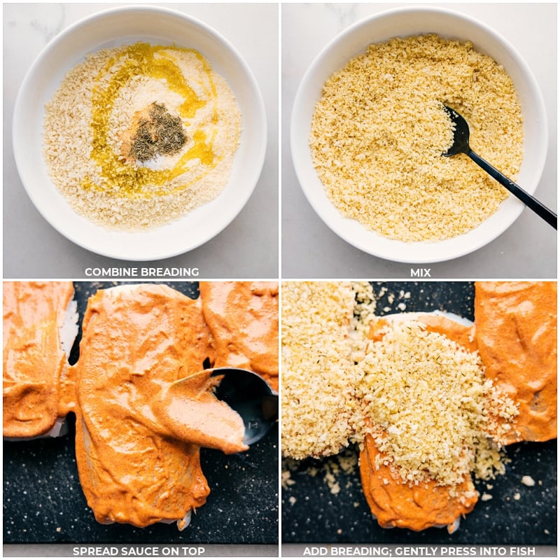 Coating The Cod In The Breading To Cook The breading being made and the fish being dipped in the sauce and then covered in the breading.