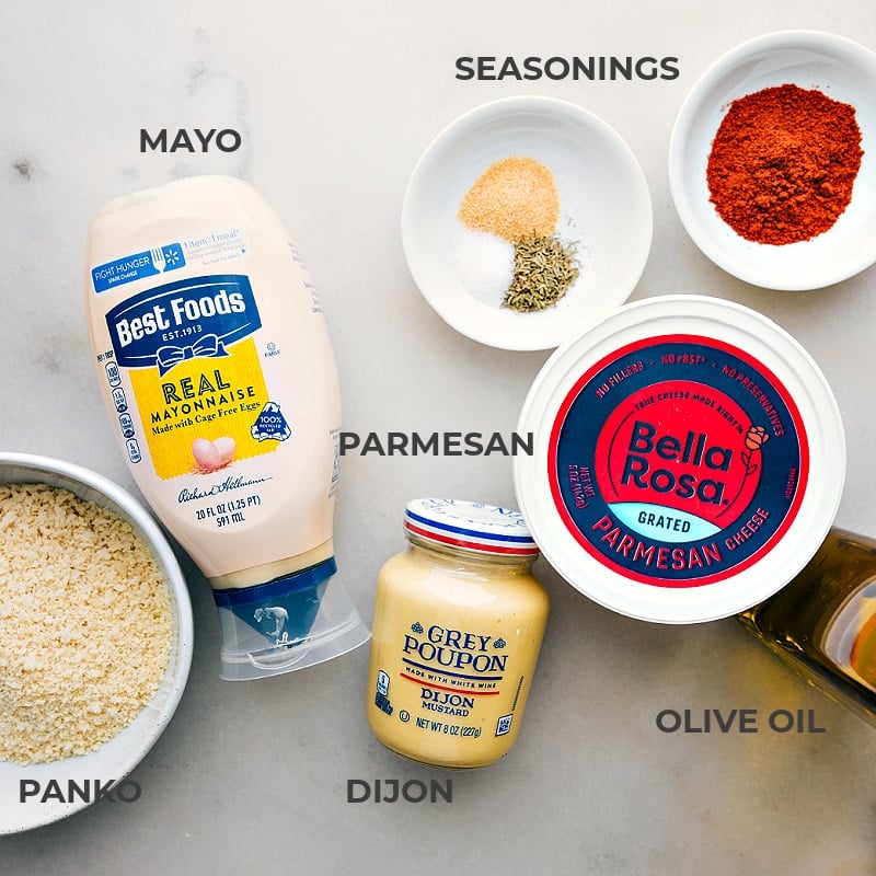 Ingredients In Baked Cod Recipe The ingredients used to coat the fish prepped out for easy assembly including the panko, mayo, parmesan, dijon, olive oil, and seasonings.