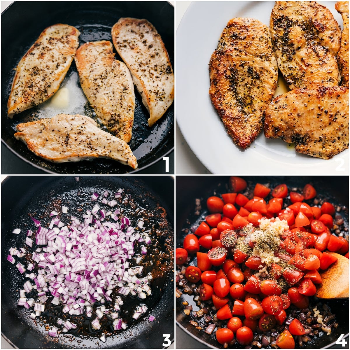 How To Make Caprese Chicken The chicken is cooked with onions, tomatoes, garlic, and seasonings, all simmering together for this Caprese chicken.